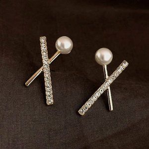 Geometric Faux Pearl Faux Diamond Earrings Silver
